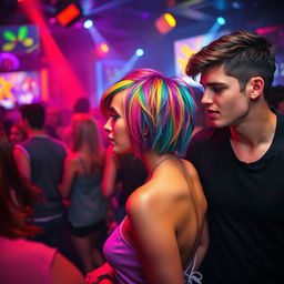 In a buzzing nightclub with vibrant energy, a short-bodied woman stands out with her unique hairstyle, featuring a blend of multiple vivid hair colors like a prism of the rainbow