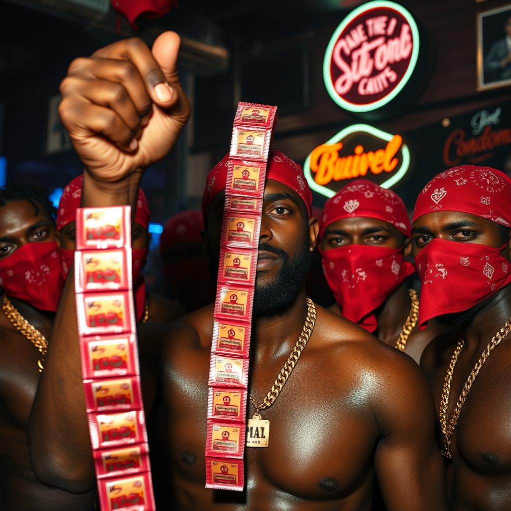 A close-up of a gang of muscular African-American gang members in a strip club