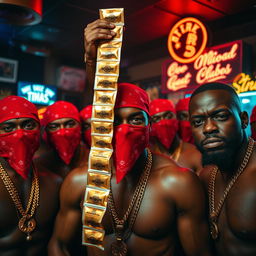 A close-up of a gang of muscular African-American gang members in a strip club