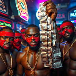 A close-up of a gang of muscular African-American gang members in a strip club