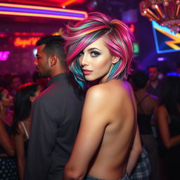 In a vibrant nightclub brimming with energy, a short-bodied woman with a dazzling array of hair colors stands as a captivating focal point