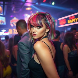 In a vibrant nightclub brimming with energy, a short-bodied woman with a dazzling array of hair colors stands as a captivating focal point