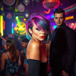 In a vibrant nightclub brimming with energy, a short-bodied woman with a dazzling array of hair colors stands as a captivating focal point