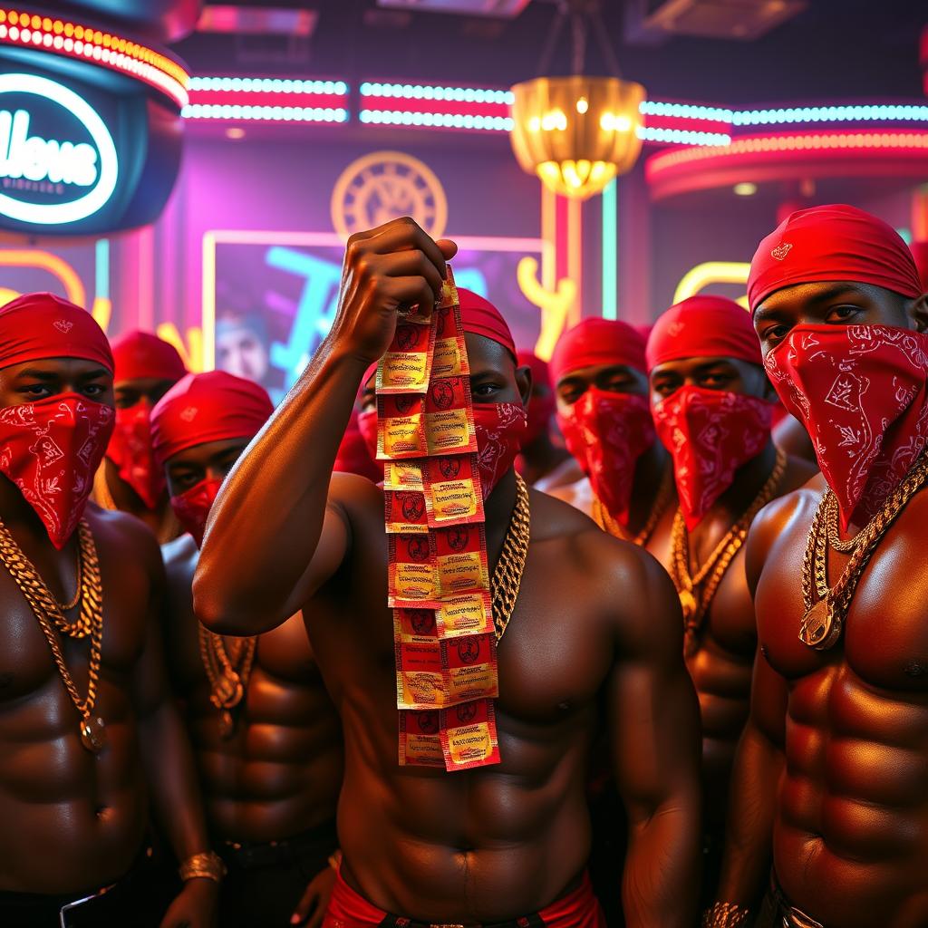 close-up of a gang of muscular African-American gang members with detailed gold chains and red bandana masks in a vibrant strip club setting