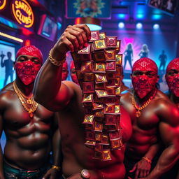 close-up of a gang of muscular African-American gang members with detailed gold chains and red bandana masks in a vibrant strip club setting