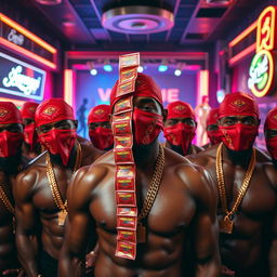 close-up of a gang of muscular African-American gang members with detailed gold chains and red bandana masks in a vibrant strip club setting