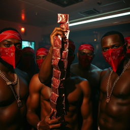 close-up of a gang of muscular African-American gang members in a dimly lit strip club, wearing gold chains and red bandana masks