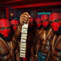 close-up of a gang of muscular African-American gang members in a dimly lit strip club, wearing gold chains and red bandana masks