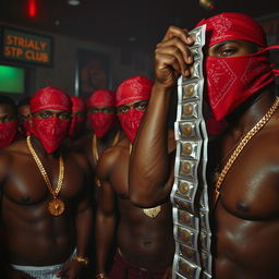 close-up of a gang of muscular African-American gang members in a dimly lit strip club, wearing gold chains and red bandana masks