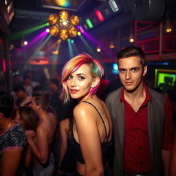 In the heart of a bustling nightclub, a short-bodied woman whose hair embodies a spectrum of vibrant colors glances toward the camera with a playful and confident expression