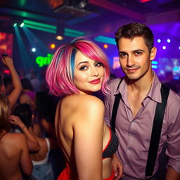 In the heart of a bustling nightclub, a short-bodied woman whose hair embodies a spectrum of vibrant colors glances toward the camera with a playful and confident expression