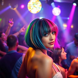 In the heart of a bustling nightclub, a short-bodied woman whose hair embodies a spectrum of vibrant colors glances toward the camera with a playful and confident expression