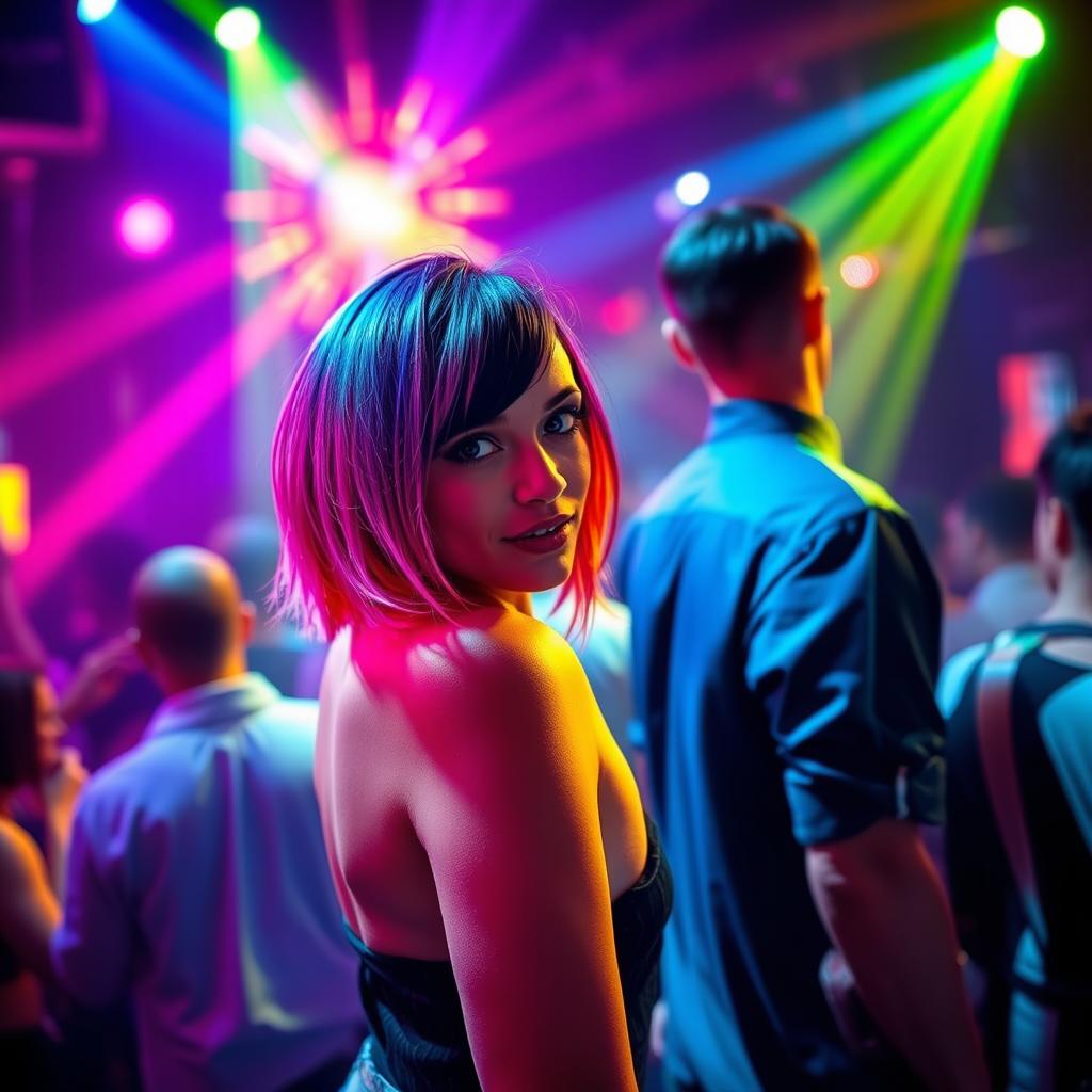 In the heart of a bustling nightclub, a short-bodied woman whose hair embodies a spectrum of vibrant colors glances toward the camera with a playful and confident expression