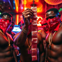 A close-up scene of a group of muscular African-American gang members in a strip club