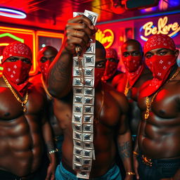 A close-up scene of a group of muscular African-American gang members in a strip club