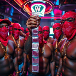 A close-up scene of a group of muscular African-American gang members in a strip club