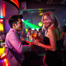 In the vibrant atmosphere of a nightclub, a tall and thin young man sits at the bar, exuding a cool and relaxed demeanor