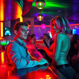 In the vibrant atmosphere of a nightclub, a tall and thin young man sits at the bar, exuding a cool and relaxed demeanor