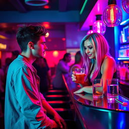 In the vibrant atmosphere of a nightclub, a tall and thin young man sits at the bar, exuding a cool and relaxed demeanor