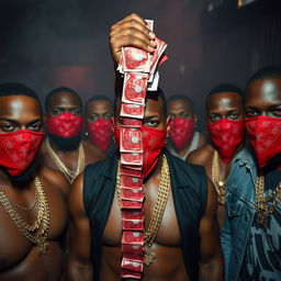 A close-up of a gang of muscular African-American gang members, adorned with gold chains and wearing red bandana masks, inside a smokey club