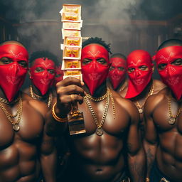 A close-up of a gang of muscular African-American gang members, adorned with gold chains and wearing red bandana masks, inside a smokey club