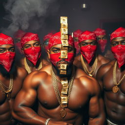 A close-up of a gang of muscular African-American gang members, adorned with gold chains and wearing red bandana masks, inside a smokey club