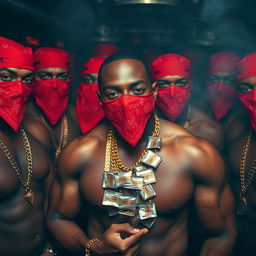 A close-up of a gang of muscular African-American gang members, adorned with gold chains and wearing red bandana masks, inside a smokey club