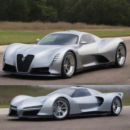 Visualize an Oldsmobile vintage car combined with the aggressive, high-performance aesthetics of a Devel Sixteen, creating an extraordinary vintage supercar