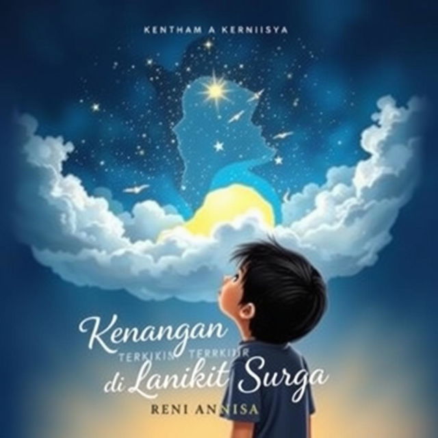 A heart-touching book cover for "Kenangan Terukir di Langit Surga" by Reni Annisa, depicting an emotional scene of a young boy looking up at a starry night sky, symbolizing his connection with his departed mother