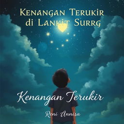 A heart-touching book cover for "Kenangan Terukir di Langit Surga" by Reni Annisa, depicting an emotional scene of a young boy looking up at a starry night sky, symbolizing his connection with his departed mother