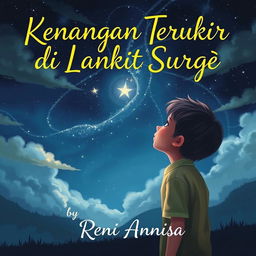 A heart-touching book cover for "Kenangan Terukir di Langit Surga" by Reni Annisa, depicting an emotional scene of a young boy looking up at a starry night sky, symbolizing his connection with his departed mother