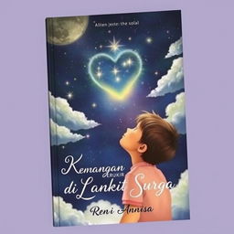 A heart-touching book cover for "Kenangan Terukir di Langit Surga" by Reni Annisa, depicting an emotional scene of a young boy looking up at a starry night sky, symbolizing his connection with his departed mother