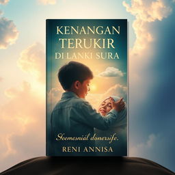 A heartfelt and evocative book cover for "Kenangan Terukir Di Langit Surga", depicting the emotional bond between a young boy and his departed mother