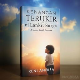 A heartfelt and evocative book cover for "Kenangan Terukir Di Langit Surga", depicting the emotional bond between a young boy and his departed mother