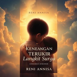 A heartfelt and evocative book cover for "Kenangan Terukir Di Langit Surga", depicting the emotional bond between a young boy and his departed mother