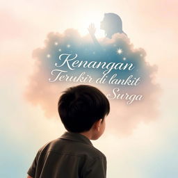 A touching and emotional book cover titled "Kenangan Terukir di Langit Surga" by Reni Annisa, depicting a young boy gazing upwards towards a heavenly sky filled with shimmering stars