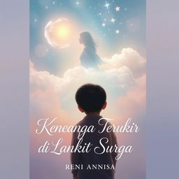 A touching and emotional book cover titled "Kenangan Terukir di Langit Surga" by Reni Annisa, depicting a young boy gazing upwards towards a heavenly sky filled with shimmering stars