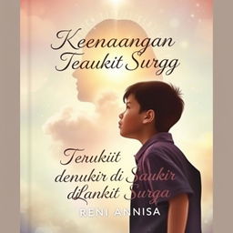 A touching and emotional book cover titled "Kenangan Terukir di Langit Surga" by Reni Annisa, depicting a young boy gazing upwards towards a heavenly sky filled with shimmering stars