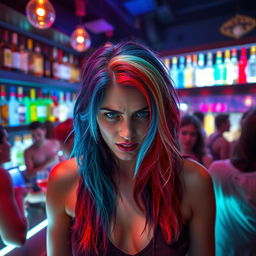 In the lively setting of a nightclub, a woman with a captivating array of hair colors stands in front of a well-lit bar