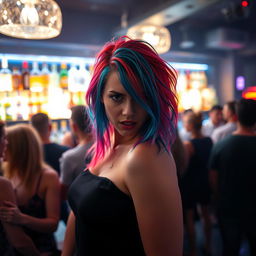 In the lively setting of a nightclub, a woman with a captivating array of hair colors stands in front of a well-lit bar