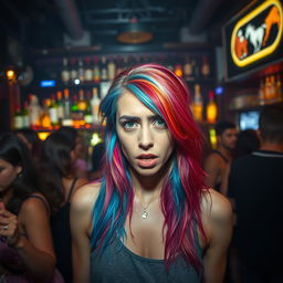 In the lively setting of a nightclub, a woman with a captivating array of hair colors stands in front of a well-lit bar