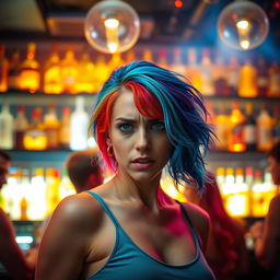 In the lively setting of a nightclub, a woman with a captivating array of hair colors stands in front of a well-lit bar