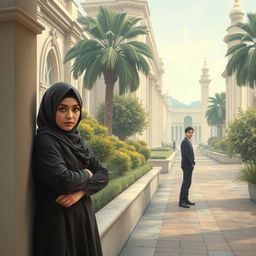 In a serene yet contrasting environment of a rich quarter, a short-statured woman wearing a hijab stands cautiously behind a wall