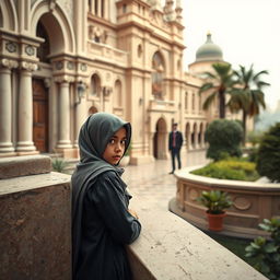 In a serene yet contrasting environment of a rich quarter, a short-statured woman wearing a hijab stands cautiously behind a wall