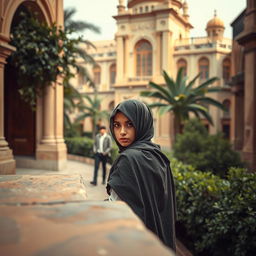 In a serene yet contrasting environment of a rich quarter, a short-statured woman wearing a hijab stands cautiously behind a wall