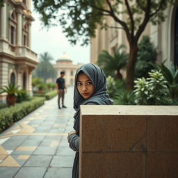 In a serene yet contrasting environment of a rich quarter, a short-statured woman wearing a hijab stands cautiously behind a wall