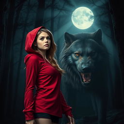 A young woman wearing a red volleyball uniform reminiscent of Little Red Riding Hood, standing in a moonlit forest at night, looking scared and vulnerable as she faces a large, intimidating wolf