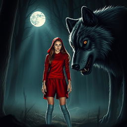 A young woman wearing a red volleyball uniform reminiscent of Little Red Riding Hood, standing in a moonlit forest at night, looking scared and vulnerable as she faces a large, intimidating wolf