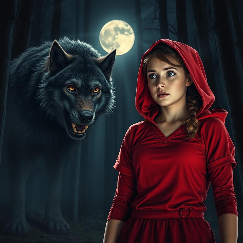 A young woman wearing a red volleyball uniform reminiscent of Little Red Riding Hood, standing in a moonlit forest at night, looking scared and vulnerable as she faces a large, intimidating wolf