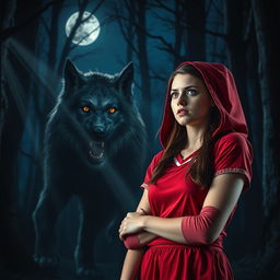 A young woman wearing a red volleyball uniform reminiscent of Little Red Riding Hood, standing in a moonlit forest at night, looking scared and vulnerable as she faces a large, intimidating wolf